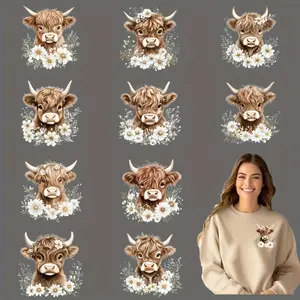 12 Pack Scottish Highland Cow Daisy Floral Appliques Iron on Patches No Sew DIY Heat Transfer Vinyl Applique for T Shirt Jeans Fabric Mask Washable Brown White