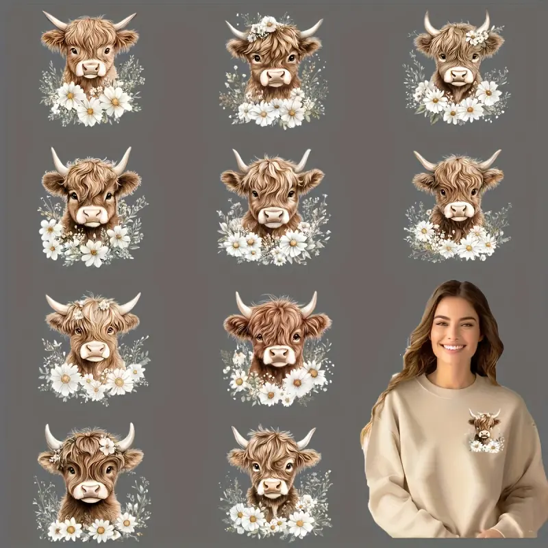 12 Pack Scottish Highland Cow Daisy Floral Appliques Iron on Patches No Sew DIY Heat Transfer Vinyl Applique for T Shirt Jeans Fabric Mask Washable Brown White