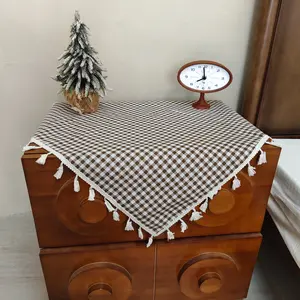 1 pc Browns Grid Pattern Square Tablecloth, Fringe, Home Decor Cover, Microwave Coffee Machine Protector, Bohemian Style Washable