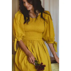 Freya Smocked Linen Midi Dress - Amber