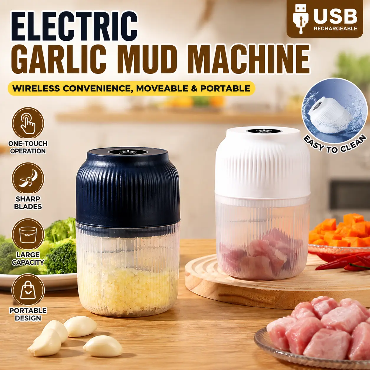 Outdoor Camping Mini Electric Food Chopper - Wireless USB Rechargeable, Compact Form, Portable Shape Multi-Function Processor for Onion, Ginger, Chili (Meat Grinder, Garlic Masher)