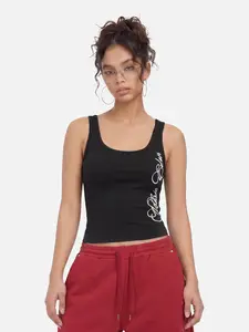 Aelfric Eden Graphic Tank Top Slim Cropped Fit Side Cursive Logo Print High-Stretch Ribbed Fabric Classic U-Neck Y2K Cute Streetwear Women's Top