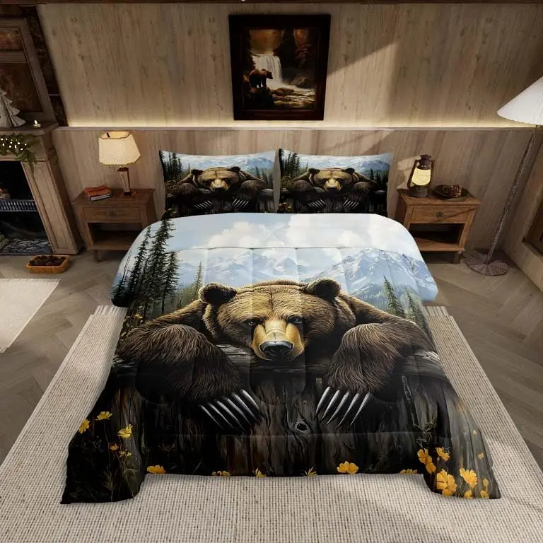 Kids Bear Comforter Set Rustic Cabin Country Bedding Set Wood Farmhouse Comforter Adult Duvet Set,Comforter+,Brown Blue Yellow