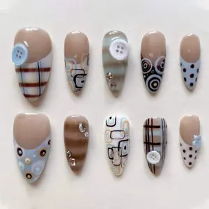 Handmade 3D Button & Plaid Pattern Press On Nails | Retro Geometric Polka Dot Art