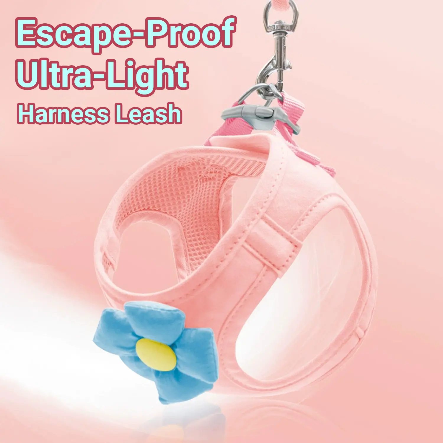 Escape-Proof Ultra-Light Harness Leash for Small Dogs with Comfortable Chest Strap Pink Color & Blue Flower Design
