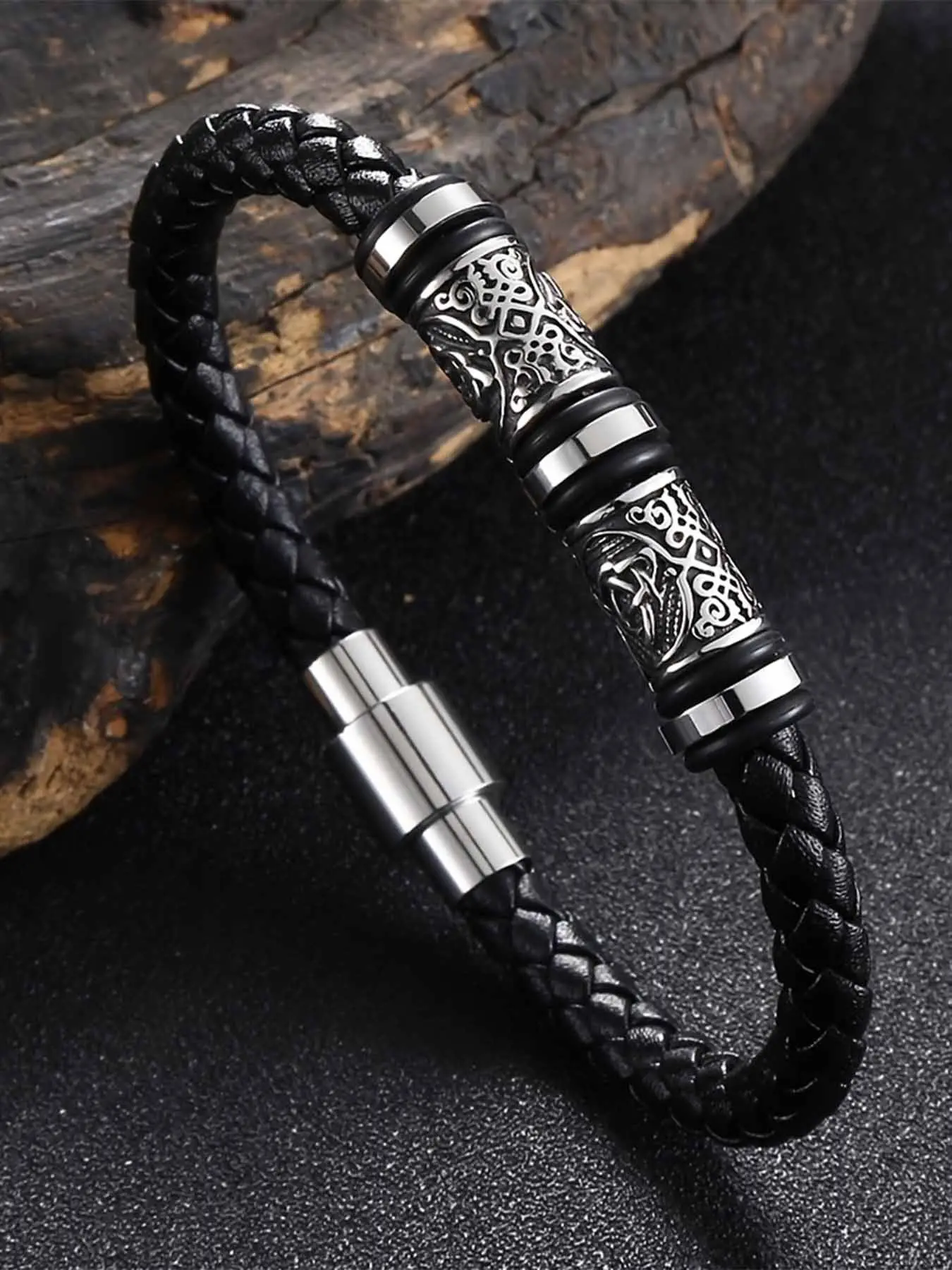 Handcrafted Vintage Viking Pattern PU Leather Men's Bracelet, Casual Style for All Seasons, Perfect Gift for Festivals and Daily Wear, Handwoven Bracelet