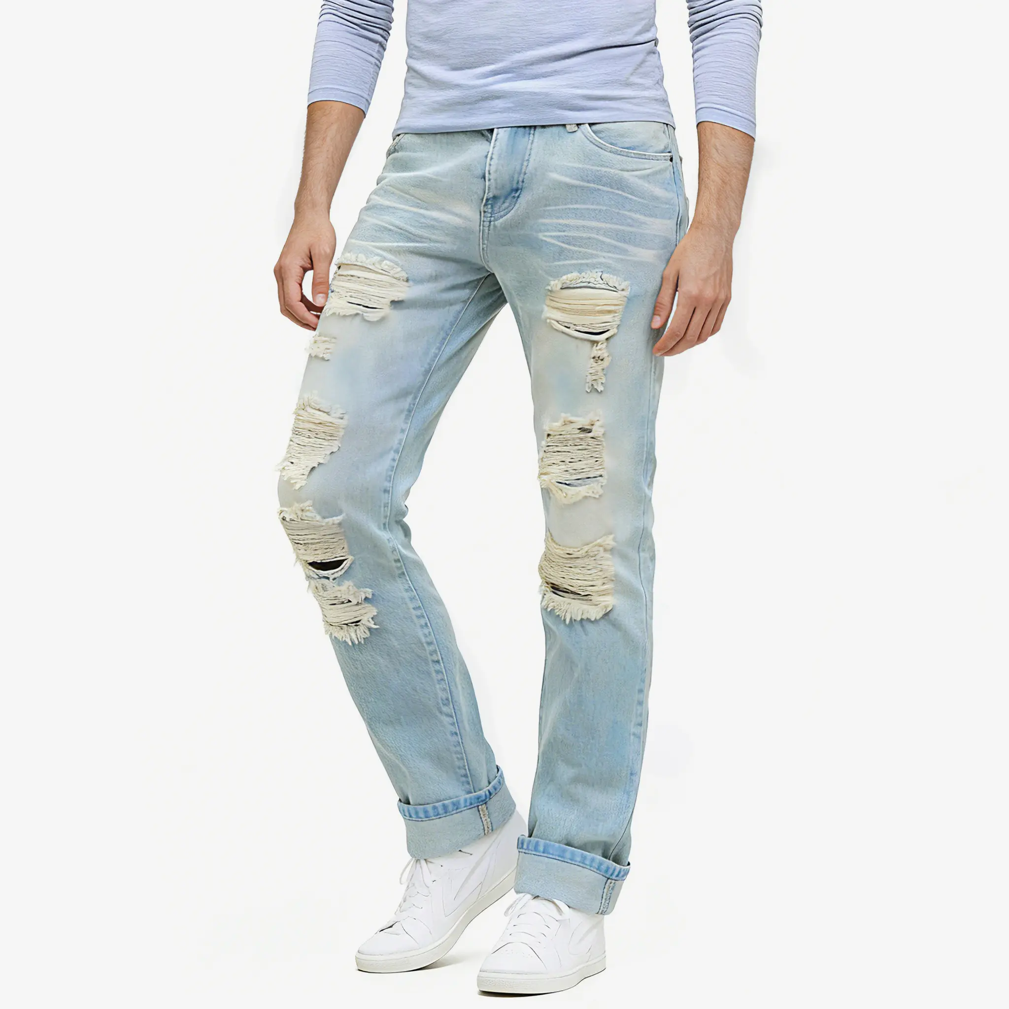 Men's Vintage Washed Mens Distressed Ripped Straight Leg Denim Pants Streetwear Fashion