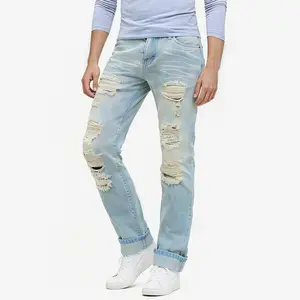 Men's Vintage Washed Mens Distressed Ripped Straight Leg Denim Pants Streetwear Fashion