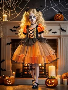 Girls Halloween Party Dress, Puff Sleeve Princess Gown, Cute Cake Skirt Design, Perfect for Cosplay & Festivals,Makeup Ball Cosplay Performance Costume with Headband and Pumpkin Bag