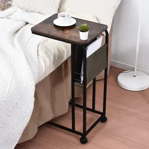 ELONG HOME C Shaped End Table, Small Side Table with Wheels, Couch Side Table with Storage and Metal Frame for Living Room/Bedroom