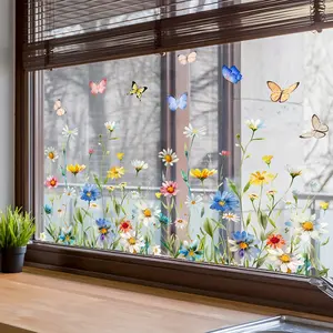 Flower & Butterfly Pattern Window Sticker, 1 Sheet Double Sided Visual Decorative Sticker, Decorative Sticker for Home Living Room Bedroom