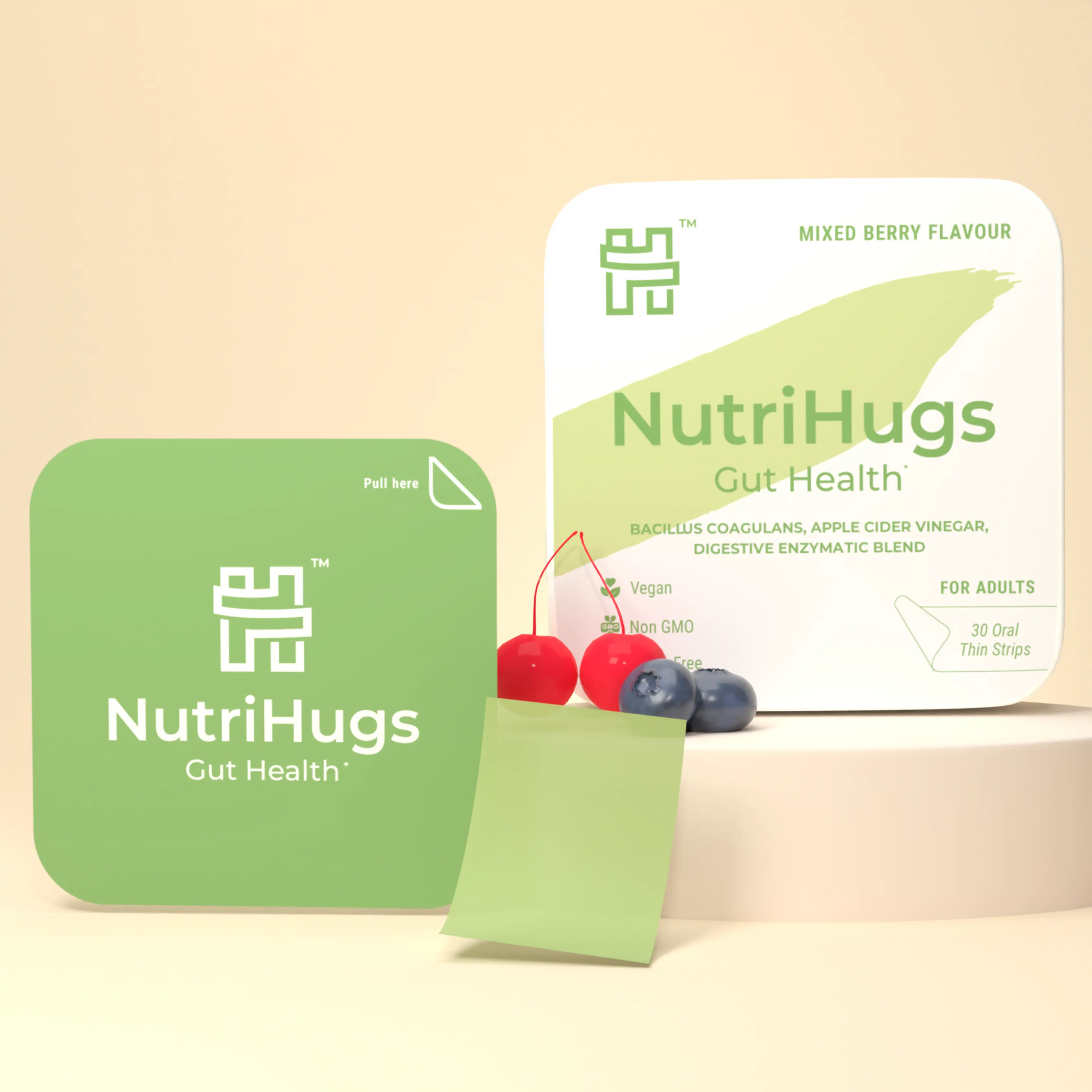 NutriHugs by MedHugs Edible Gut Health Strips Supplement - 30 Mixed Berry Oral Melts, Natural Dietary Probiotics, Apple Cider Vinegar, Digestive Enzymes - Supports Detox, Metabolism, Vegan, Non-GMO, Sugar-Free