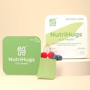 NutriHugs Gut Health Strips Supplement - 30 Mixed Berry Flavored Oral Melts - Probiotics, Apple Cider Vinegar & Digestive Enzymes For Gut Health - Vegan, Non-GMO, Sugar-Free Healthcare Supplement