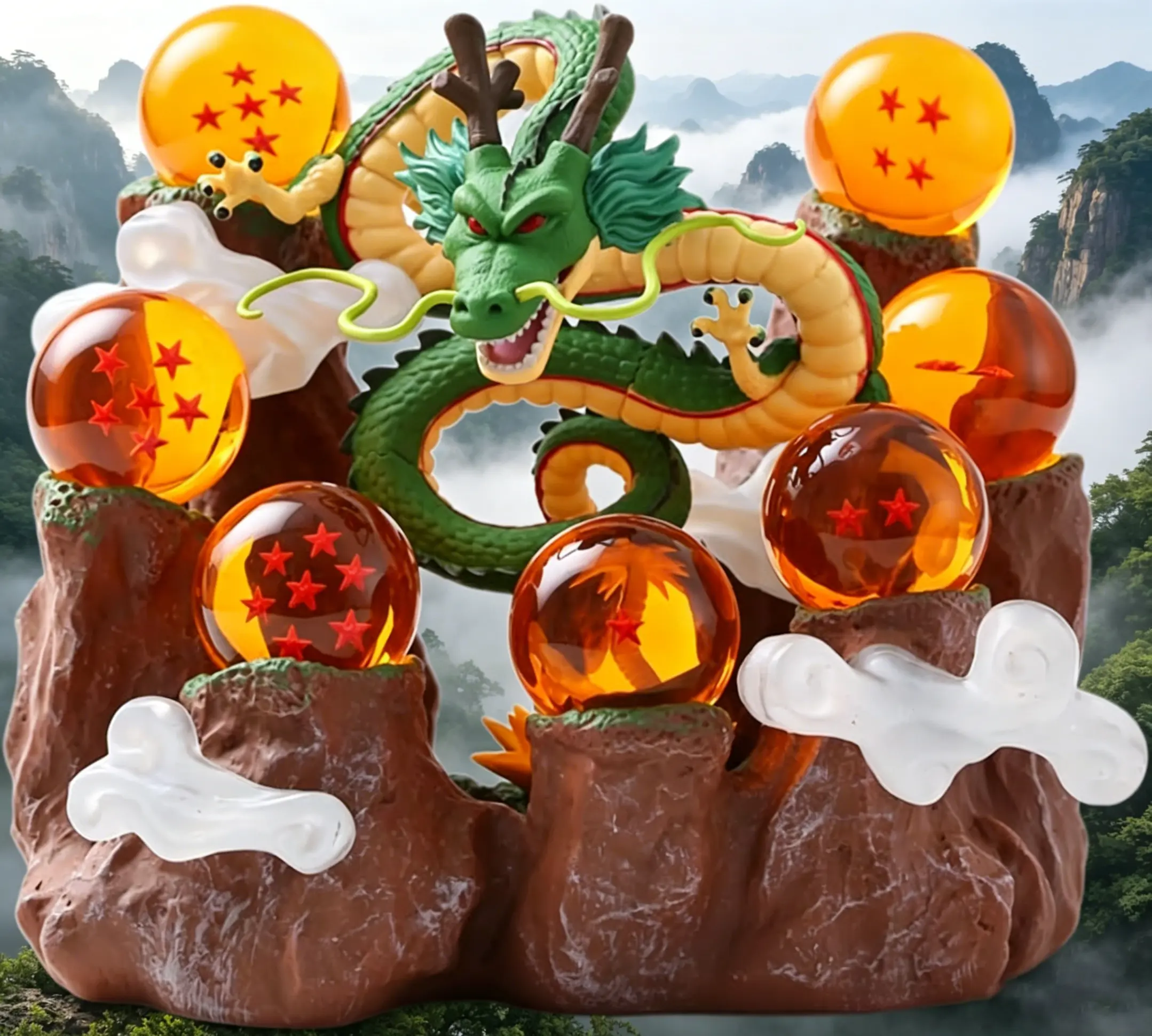 Resin Shenron Figure 15cm Shenlong Statue Set 3.5cm Crystal Balls + Mountain Stand with Gift Box for Business Halloween Christmas Holiday