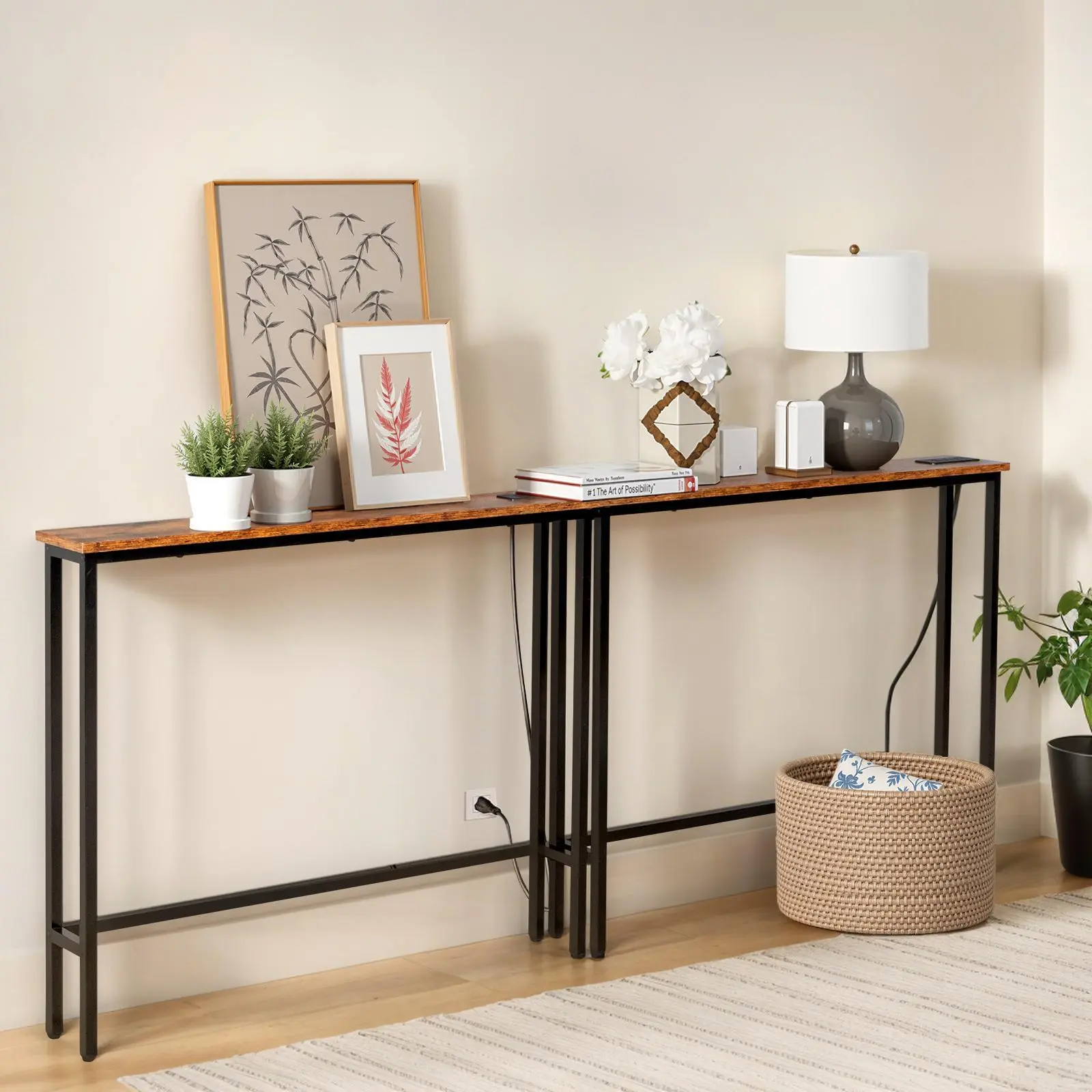 Ubesgoo 1/2 Pack 39.4" Narrow Console Sofa Table with Power Outlets and USB Ports, Long Couch Table with Metal Frame and Charge Station with 4.9ft Extension Cord