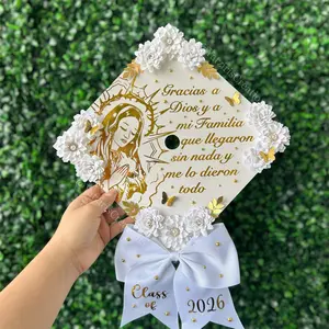 Virgencita Graduation Cap Topper White & Gold