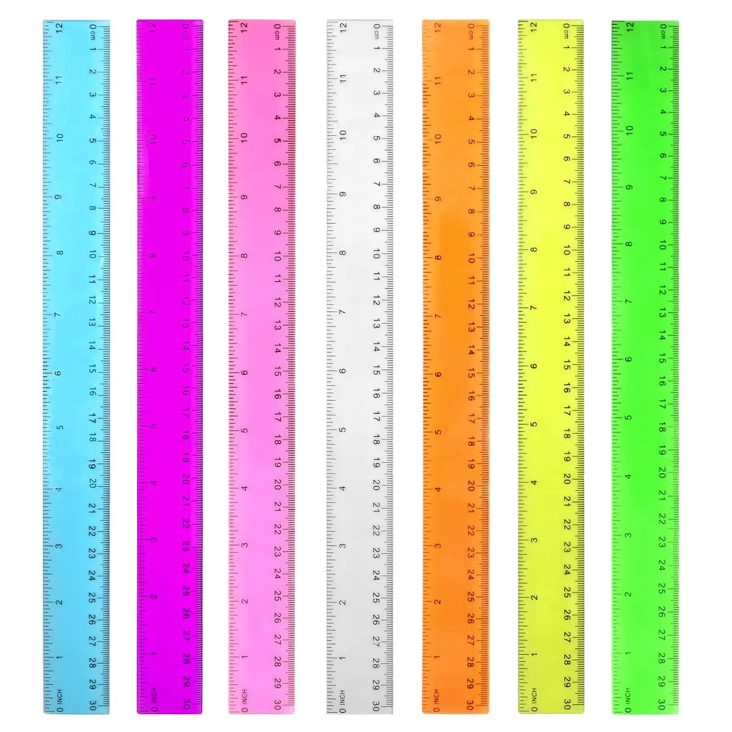 7 Pack 12 Inch Transparent Plastic Rulers, Assorted Color Measuring Rulers with Inches, Centimeters & Millimeters, Dual Scale Clear Rulers for Kids, Students, School, Classroom, Office & Crafts