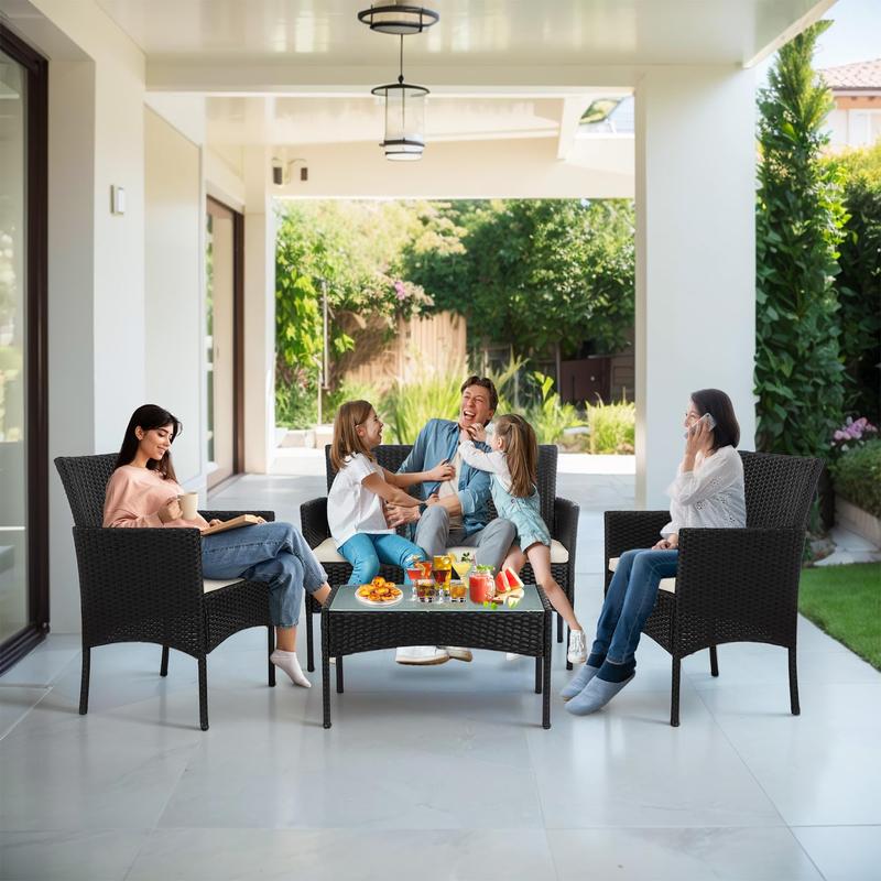 4 Piece Outdoor Wicker Patio Conversation Furniture Set, Rattan Chair Wicker Sofa Garden Conversation Sets with Cushion and Glass Table for Yard Pool or Backyard 4 Piece Outdoor Wicker Patio Conversation Furniture Set, Rattan Chair Wicker Sofa Garden Conversation Sets with Cushion and Glass Table for Yard Pool or Backyard
