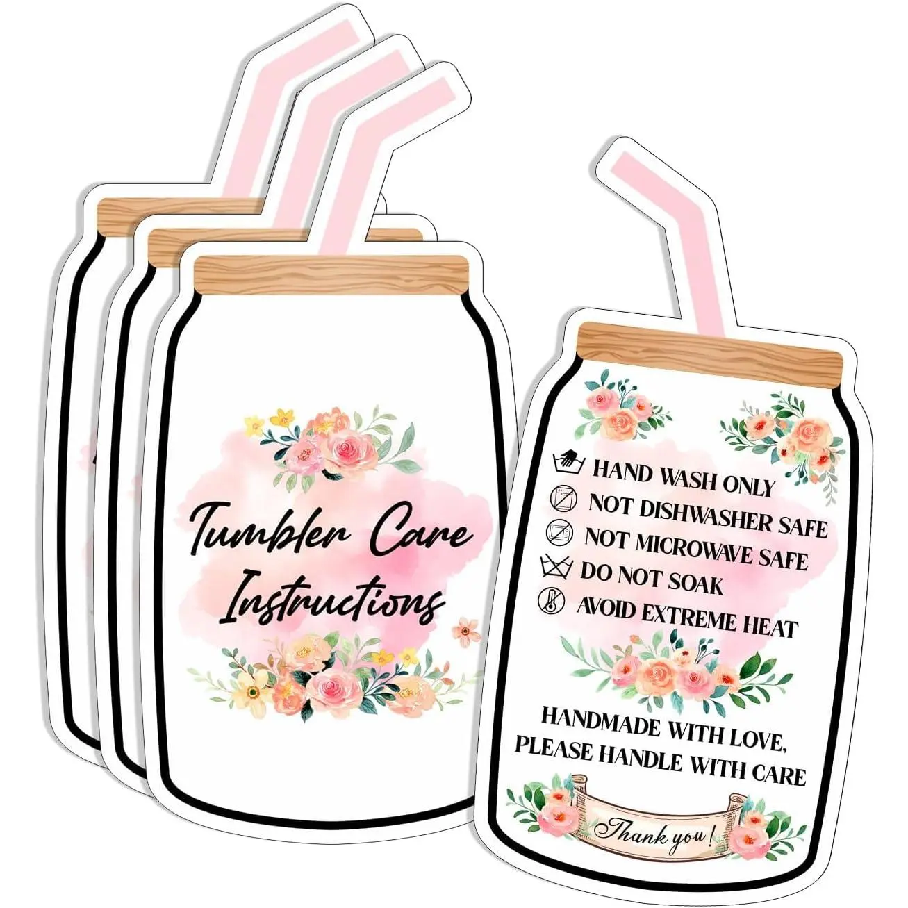 Sticker Care Cards for Small Businesses - 50 Pack Pink, Office Stationery Instruction Inserts, Customer Directions Cards for Tumblers & Glass Cups, Sticker Cards