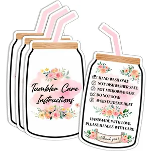 Tumbler Care Cards, Glass Cup Care Cards, Instruction Insert for Small Business, Customer Directions Cards,50 Pack (-Pink)