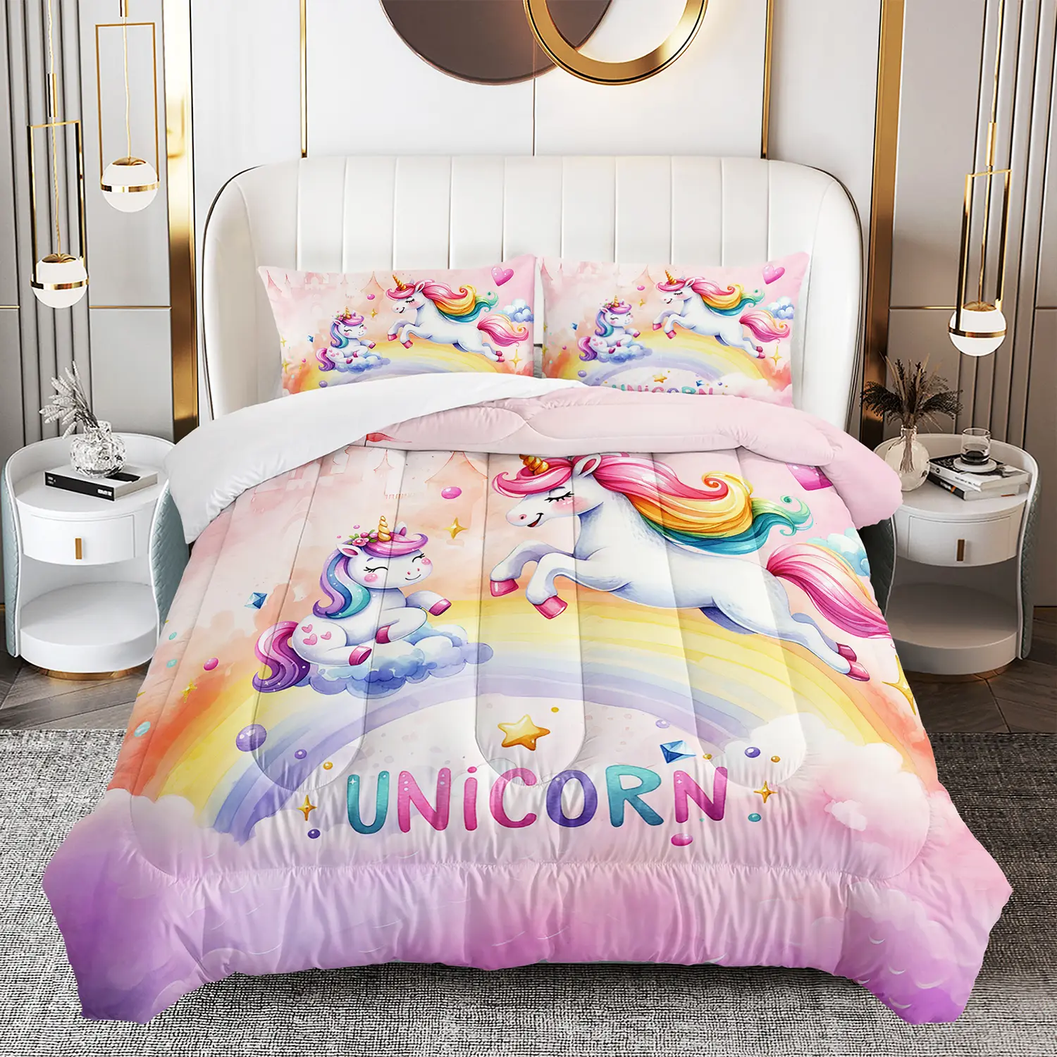 3pcs Queen Comforter Set - Mythical Unicorn Print Pink Soft Warm Microfiber Quilt Bedding Set, All-Seasons Machine-Wash Bed Cover with 2 Pillowcases for Girls’ Bedroom Decor, Cozy Aesthetic
