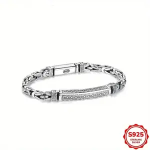 S925 Sterling Silver Engraved Cuban Link Bracelet for Men, Retro Carved Chain Bracelet, Vintage Silver-Tone Jewelry for Daily Wear & Gifting