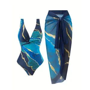 Marble Print Elegant 2 Piece Swimsuits, V Neck High Stretch One-piece Bathing-suit & Cover Up Sarong Skirt, Women's Swimwear & Clothing