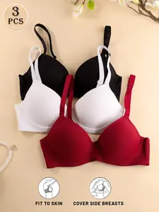 🔥 3 Pack Women's Solid Seamless Skin-Friendly Sexy Bra, Underwire Firm Support Push Up Shaping, Adjustable Straps Side Breast Control, Breathable Soft Daily All Season Casual Essential Underwear