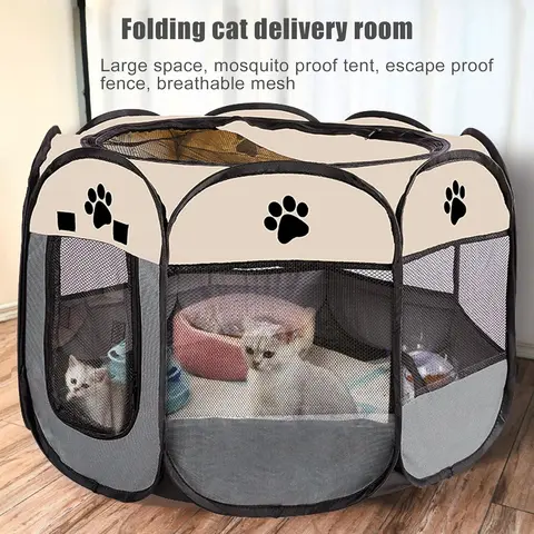 Portable Pet Playpen, Puppy Pet Playpen Indoor for Small Dogs Tent Crates Cage Outdoor, Portable Pop Up Dog Kennel Playpen with Carrying Case for Dogs/Cats/Rabbits, Removable Zipper Top, Grey