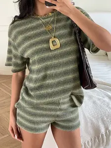 Women's Striped Waffle Knit Two-Piece Set, Short Sleeve T-Shirt & Shorts Casual Home Wear, Loose Fit, Spring & Fall