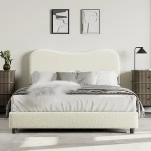 Queen Bed Frame for Kids with Velvet Upholstered Headboard, Beige Cute Low Profile Platform Bed for Girls and Boys, No Box Spring Needed, Strong Wooden Slats, Noise Free, Easy Assembly