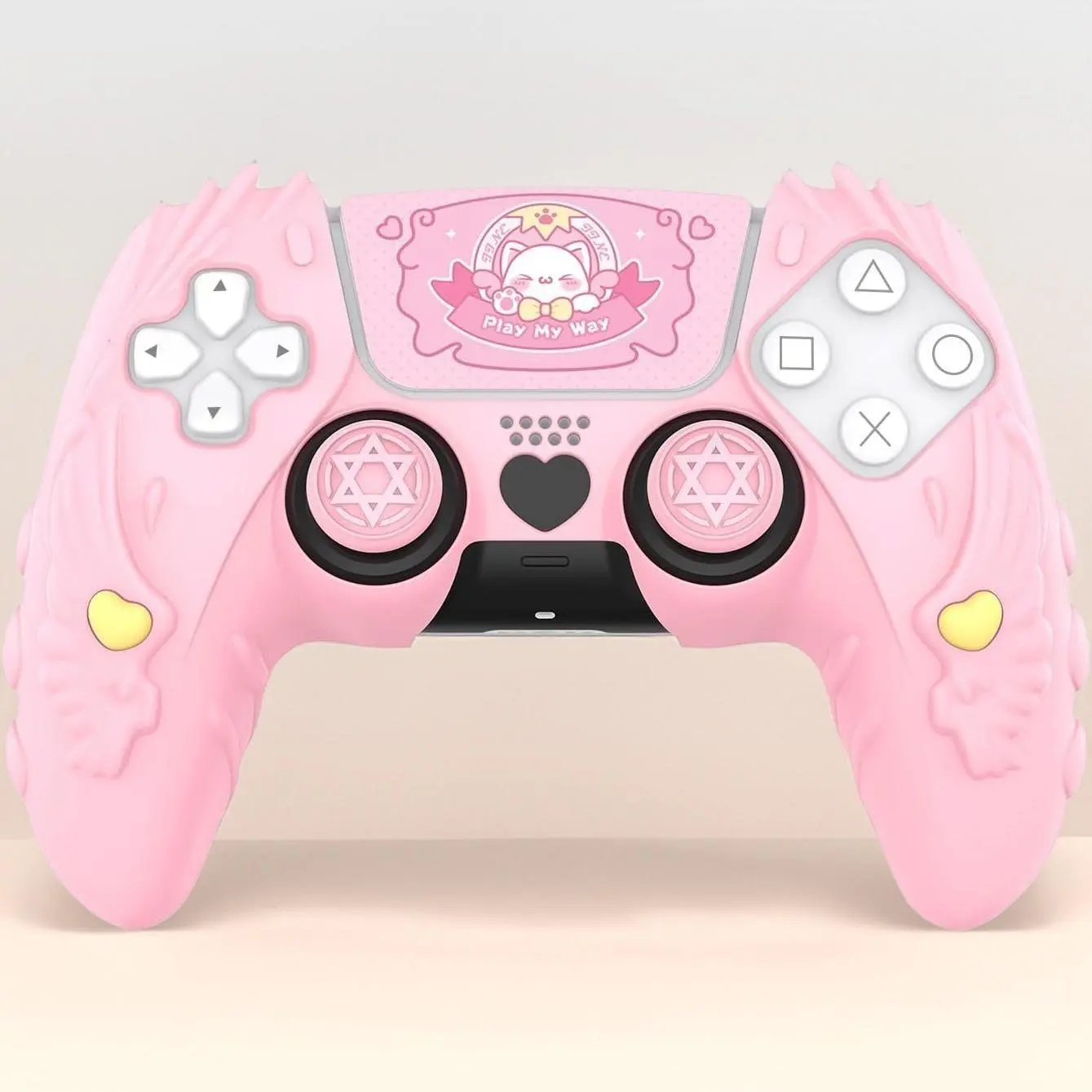 P-P Cute Pink Silicone Cover Case for PS5 Controller, Anti-Slip Protective Skin with Touch Pad Stickers & Thumb Grip Caps
