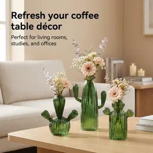 Cactus Shaped Glass Vase Set of 3, Creative Plant Vase Decor, Home Desktop Ornament, Transparent Hydroponic Flower Vase, Birthday Gift