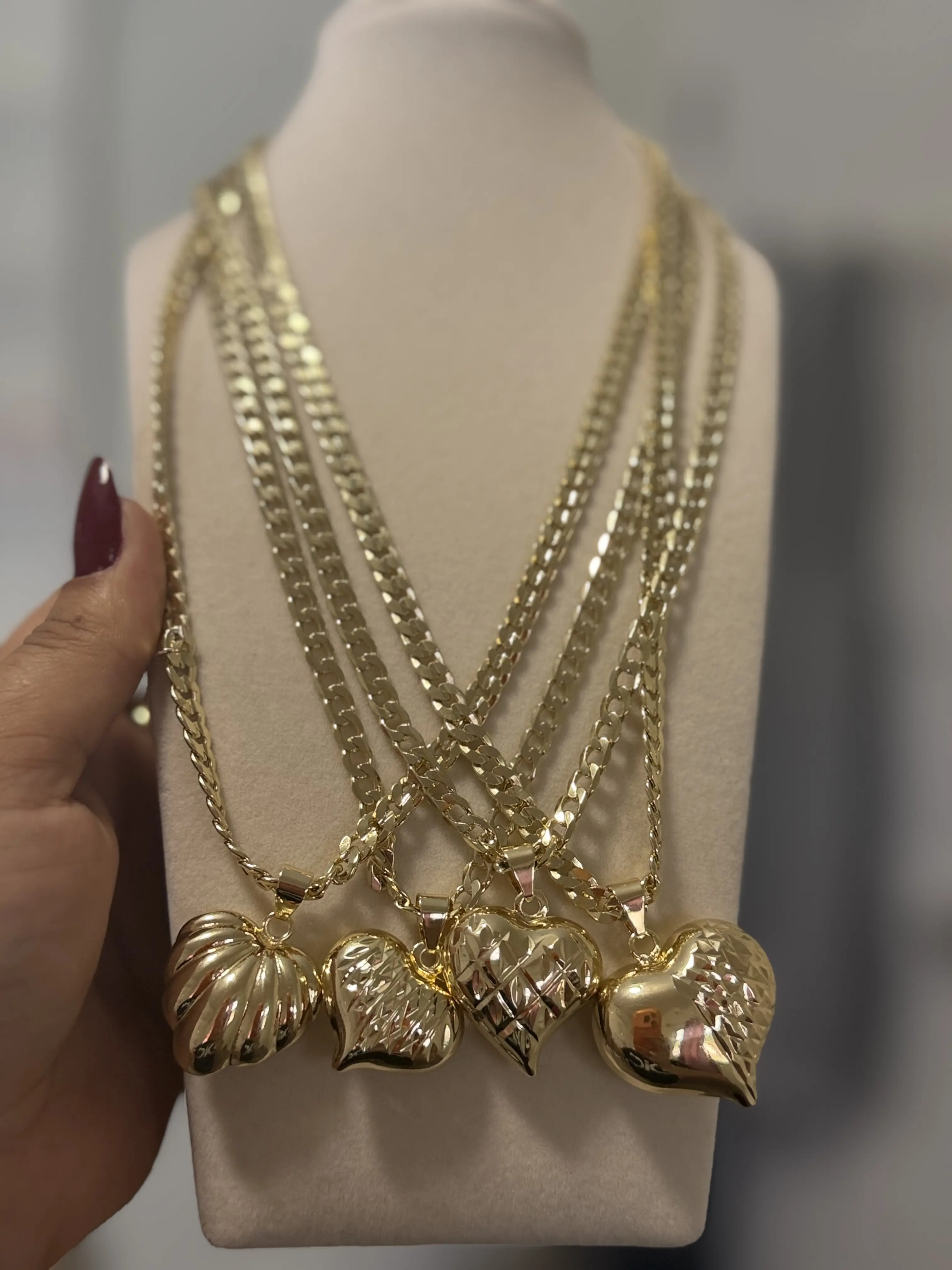 Gold Heart Pendant Necklace with Multiple Chains and Heart Charms for Women