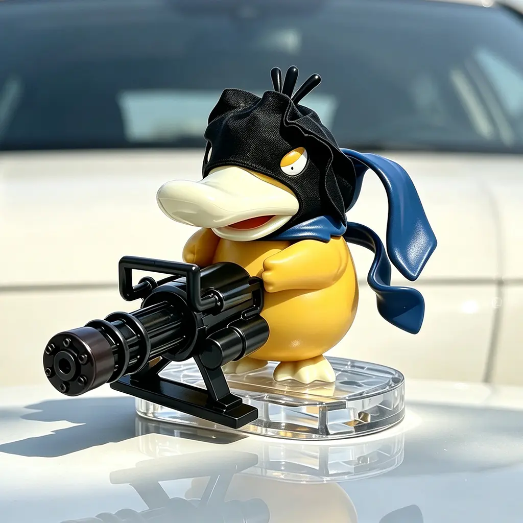 Cute Psyduck Resin Action Figure with Gatling Ornament, Car Dashboard Decor, Anime Cartoon Desk Interior Gift (Automotive & Motorcycle Interior Accessory)