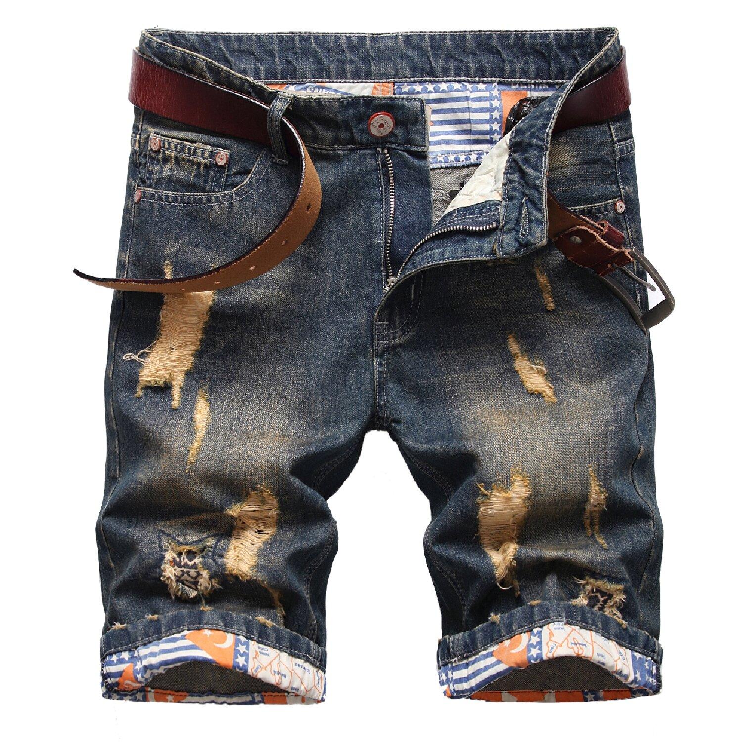 Men's Ripped Distressed Denim Shorts, Moto Biker Jeans Shorts with Broken Hole For Men