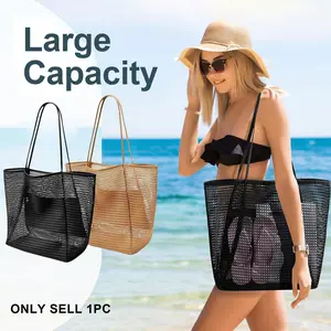 Foldable Large Capacity Beach Bag with Phone Pouch - Lightweight Mesh Gear Tote for Seaside, Sand, Vacation Travel Essentials, Net Bag