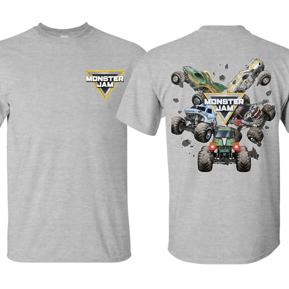 Official Monster Jam Graphic T-shirt for Boys, Trendy Heather Grey Monster Truck Tee Featuring Grave Digger and Megalodon, Cool Racing Fan Streetwear for Man, Bold Action Design