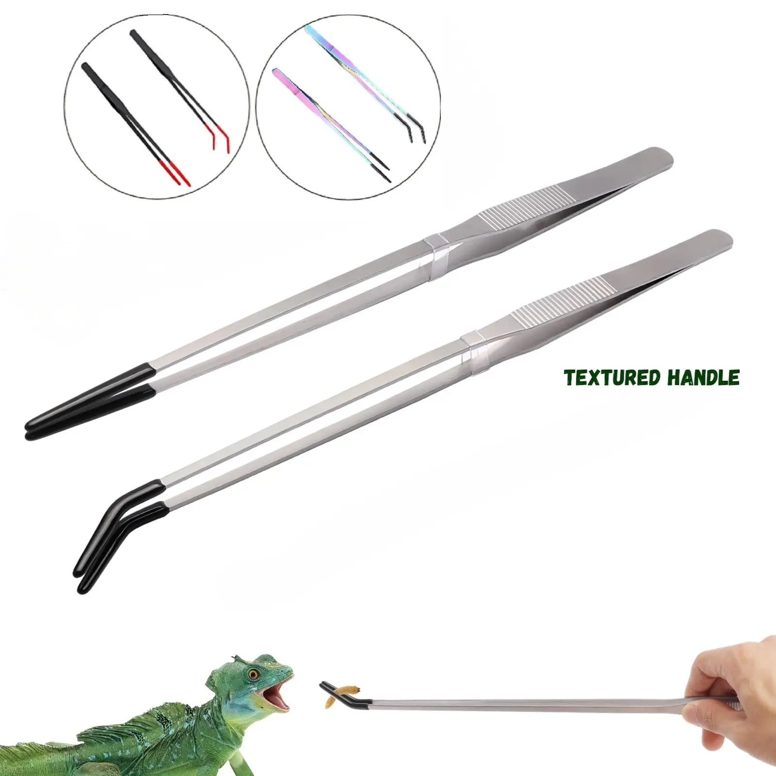 2PCS Grey/black/Colorful version 10.6"L Stainless Steel Reptile Feeding Tongs with Rubber Tip, Handle, Straight & Curved Long Tweezers for Aquarium or Craft, Bearded Dragon Tank Snakes Enclosure Accessories, Terrarium Supplies, Reptile Tools