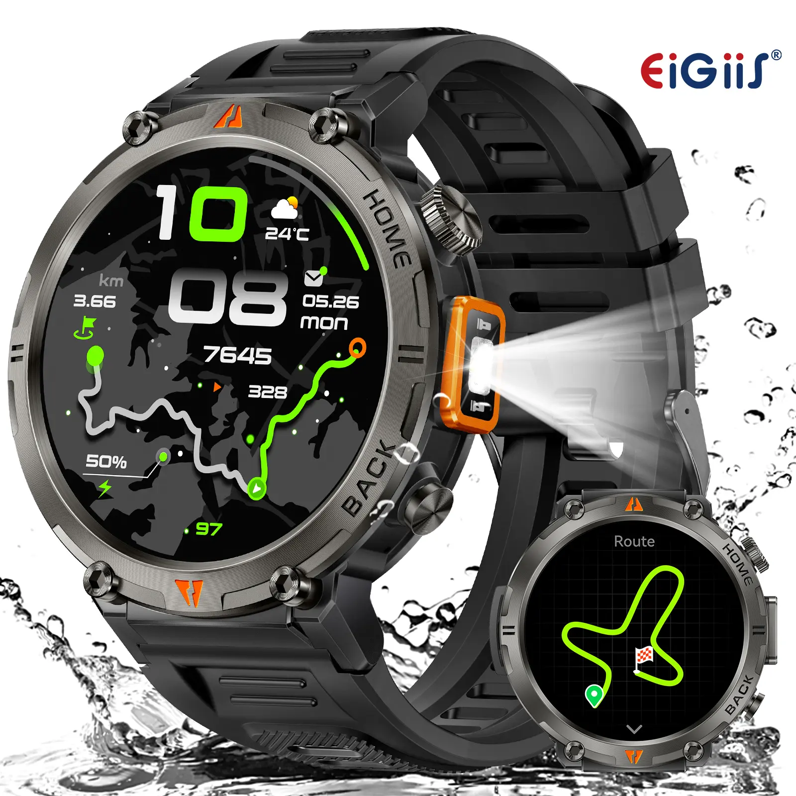 EIGIIS KE3Pro Smart Watch for Men, Wearable Device with 1.45'' HD Screen, GPS, LED Flashlight, Call Make/Answer, 3ATM Waterproof, 100+ Sports Modes, Compass, Weather Check, Fitness Tracker Watch, Silicone Band, Music Control, Outdoor Gift, Black Silicone
