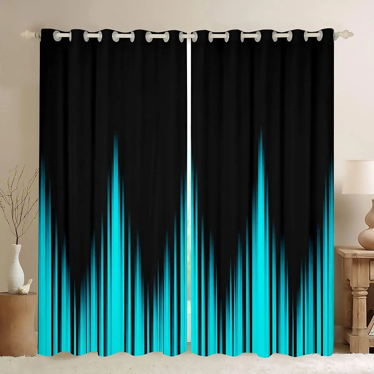 Feelyou Durable Velvet Finished Darkening Curtains - Vintage Ombre Turquoise Teal to Dark Gradient Drapes, 30%-50% Partial Blocker, Simple Style, Privacy Grommet Window Covers, Multi-Size 2 Panels, Home Decorative Curtain for Bedroom