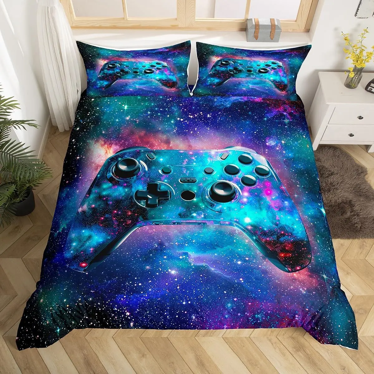 Feelyou Queen Microfiber Duvet Cover - Space-Themed Video Game Universe Design, Breathable Flat Weave Bed Cover, Machine Washable, Dries Tumble Dry Low, Alien Decor Room Bedding (No Comforter Included), Bed Covers, Decorative Duvet Cover
