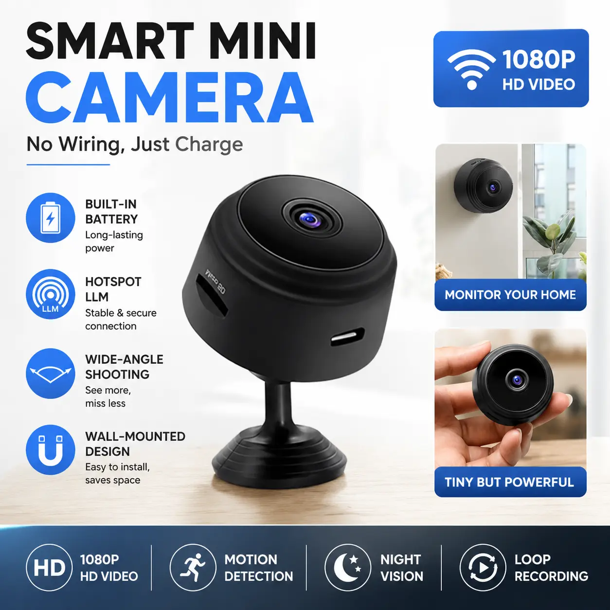 Wireless Security Camera WiFi Indoor HD Night Vision Motion Detection Remote Viewing