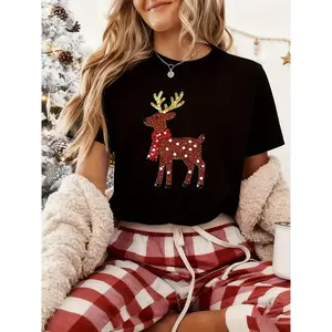 Women'S Christmas Reindeer Print T-Shirt, Cute and Fashionable Short Sleeve Pullover, Soft Slight Stretch Fabric, Round Neck, Regular Fit, Comfortable for Home, Party, and Everyday Wear, Festive Holiday Top