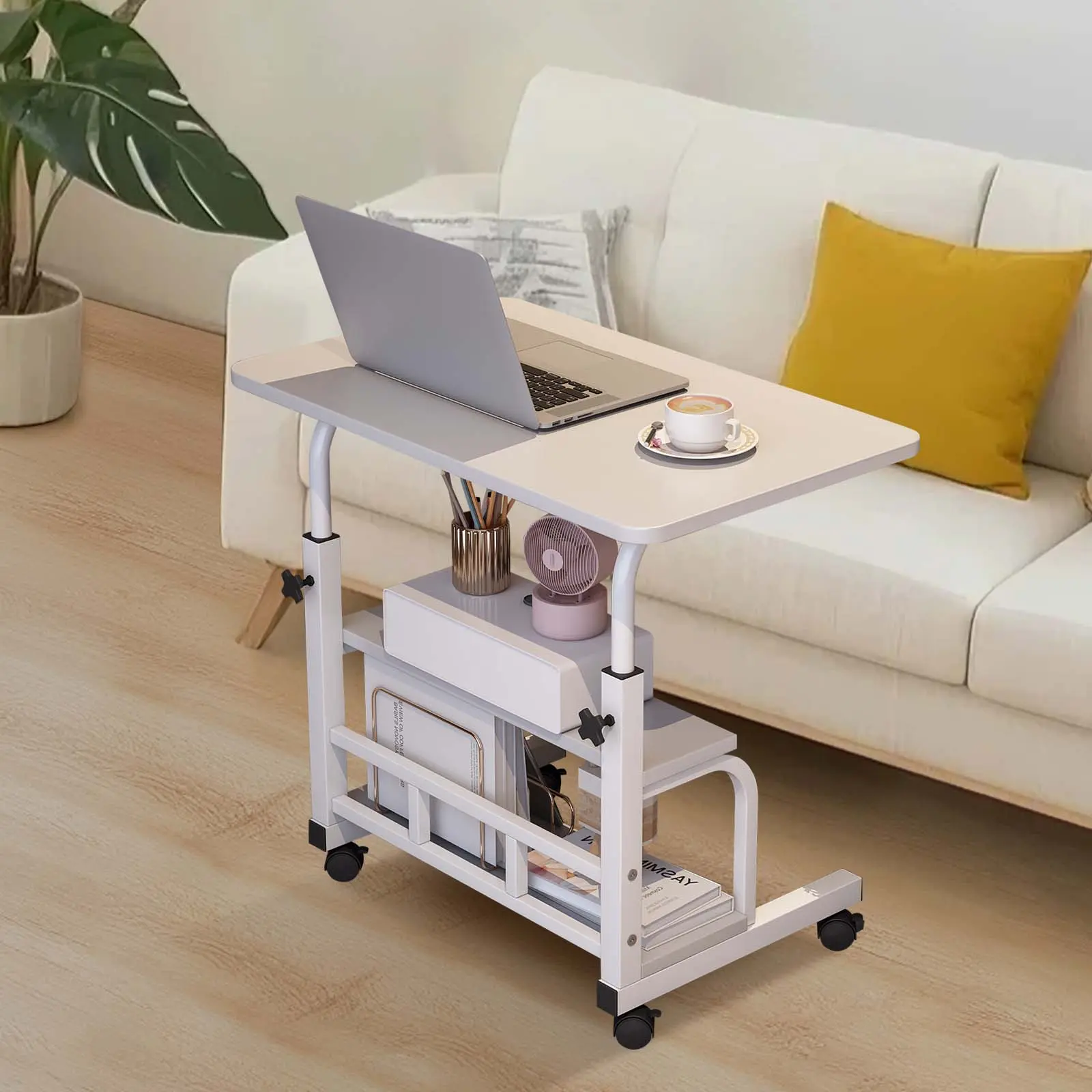 60 x 40CM Adjustable Height Mobile Standing Desk – Compact Portable Laptop Table with Storage Shelves – Rolling Computer Desk for Home Office, Study, School – Ergonomic, with Wheels, White