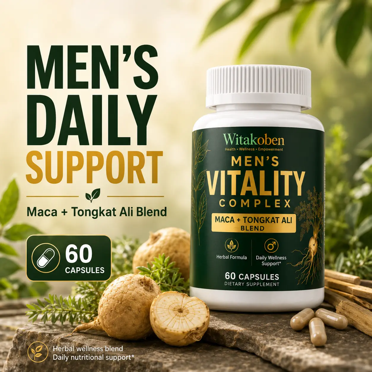 Men’s Daily Energy Support Vitamin Capsules with Maca Root, Tongkat Ali, Oyster Peptide, Zinc, Selenium & Vitamin B6 for Active Lifestyle, 60 Count