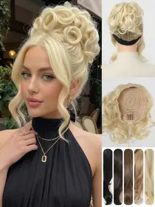 2-In-1 Contour Bangs Bun Hair Wrap, Wedding Hair Accessory, 12 Inch French Bangs Topper + 8 Inch Bun Clip, Face Slimming, Secure Claw Clips, Synthetic Hair Pieces