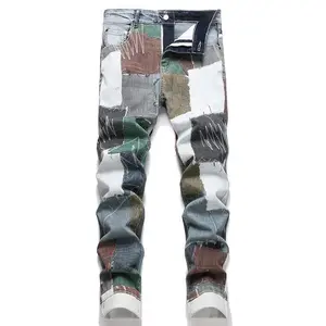 Men’s denim jeans with 3D printed patches, patchwork design, colored painted details, cotton slim straight-leg trousers