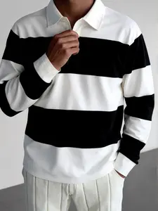 Men's Stand Collar Loose Striped Long Sleeve Sweatshirt Top, Casual Fitted Bottom Layer for Fall & Winter, Daily Wear Essential