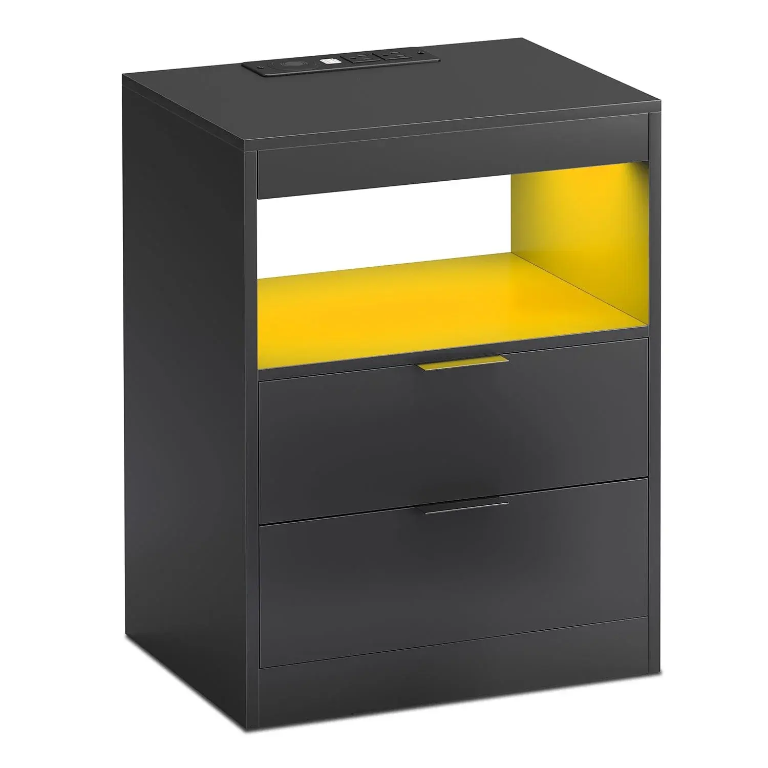 SIKAIC Modern Black Nightstand Table - LED Bedroom Indoor Furniture with Smooth Drawer Slides, Built-in Wireless Charging Station, Storage Drawer, Charging Port, 15.83"d x 13.86"w x 23.62"h, Wireless Charger